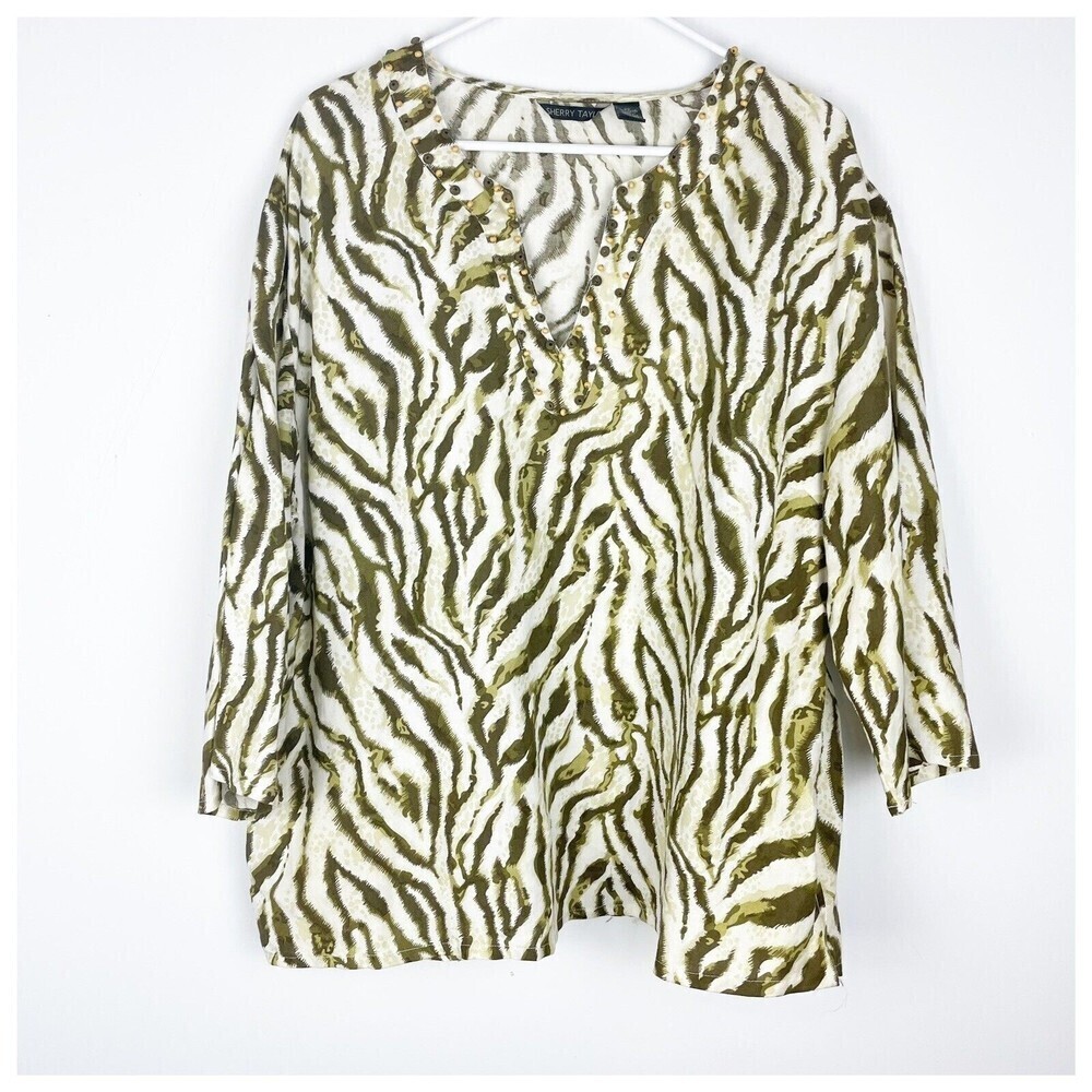 Sherry Taylor Zebra Print Blouse Ramie Blend plus size 2X white green 3/5 sleeve